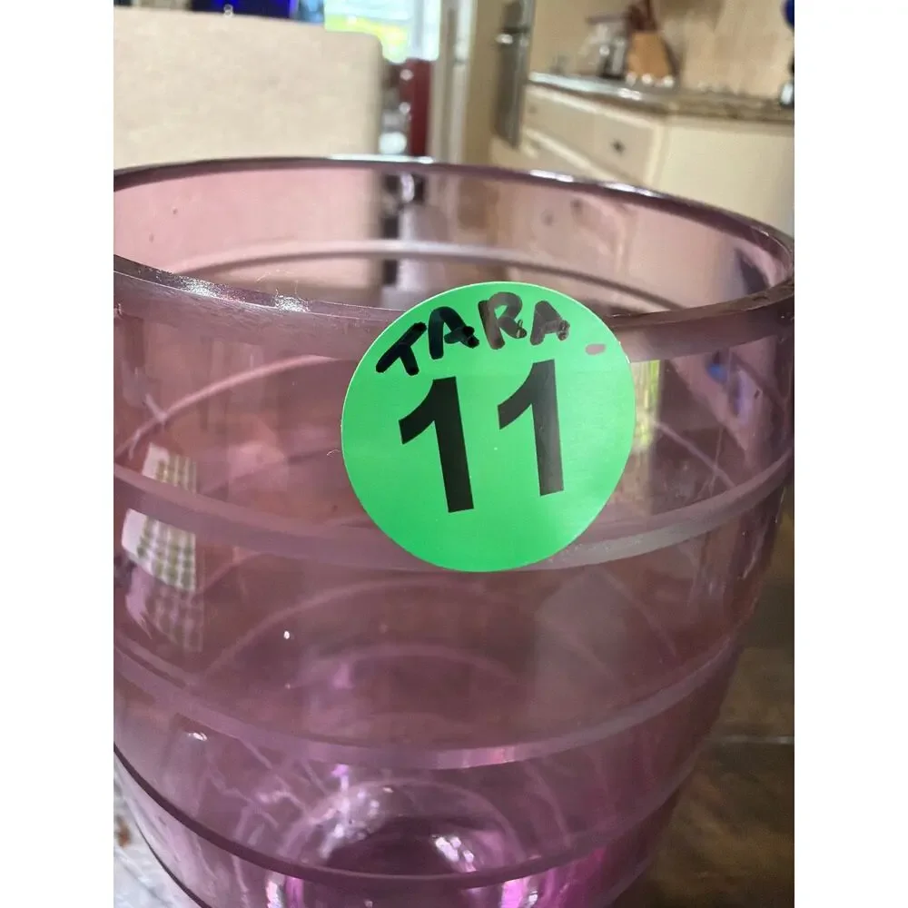 Rose Pink Glass Large Vase Etched Pink Stripes Bands 8